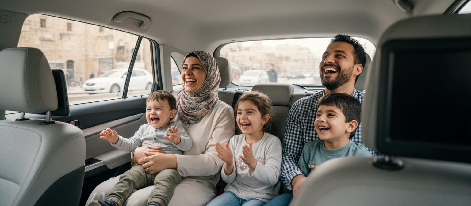 عائلة تضحك معاً في المقعد الخلفي للسيارة