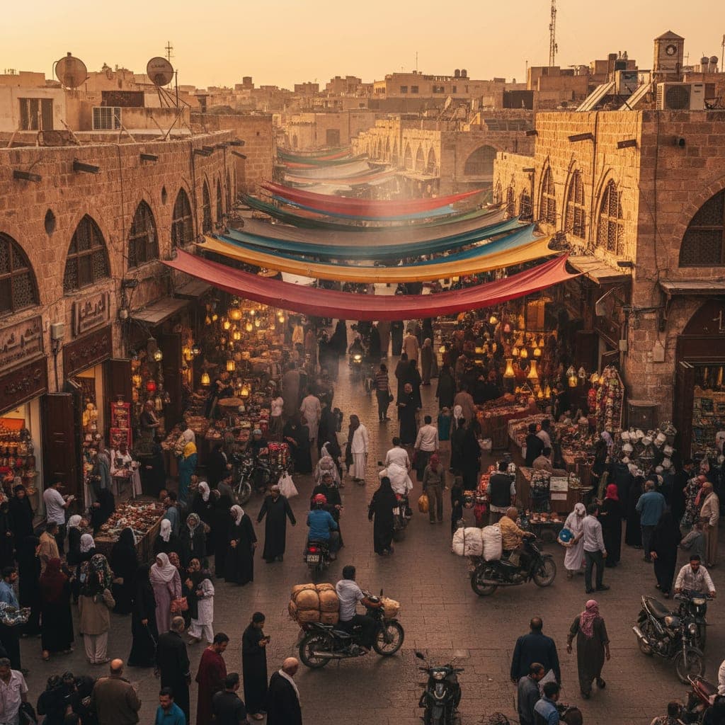 سوق شعبي مسقوف مزدحم في سوريا من الأعلى