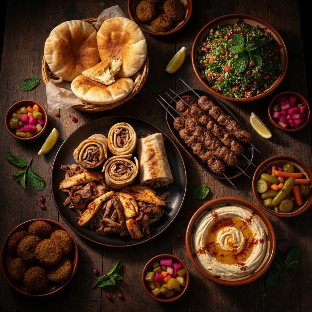مائدة أطباق سورية: شاورما وحمص وفلافل